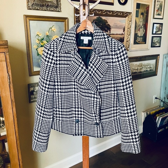 Liz Claiborne wool blend houndstooth button pea coat SZ L white black - Picture 2 of 8